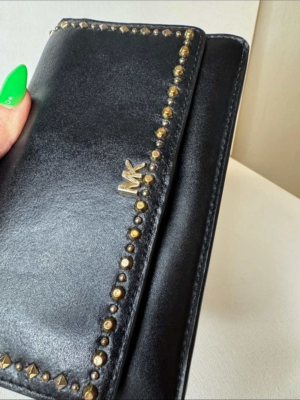 Michael Kors Black Studded Leather Phone Crossbody Wallet Bag—Shoulder Chain